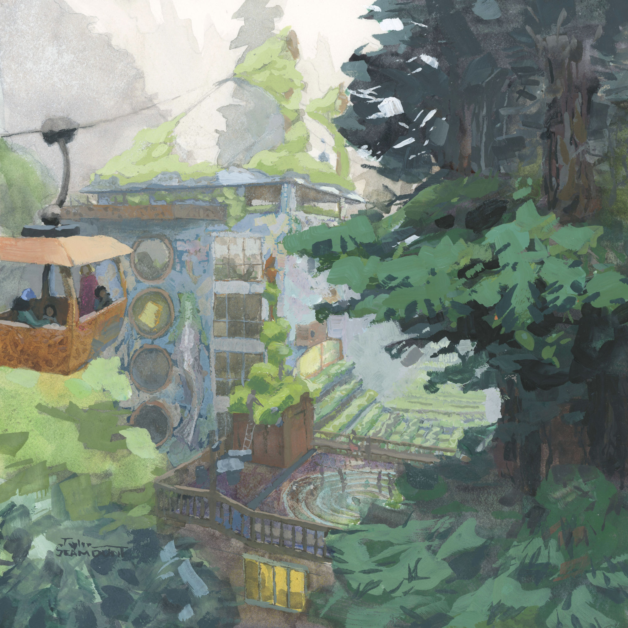Redwood Highrise painted by Taylor Seamount — a tree-wrapped building with a gondola arriving among the redwoods.