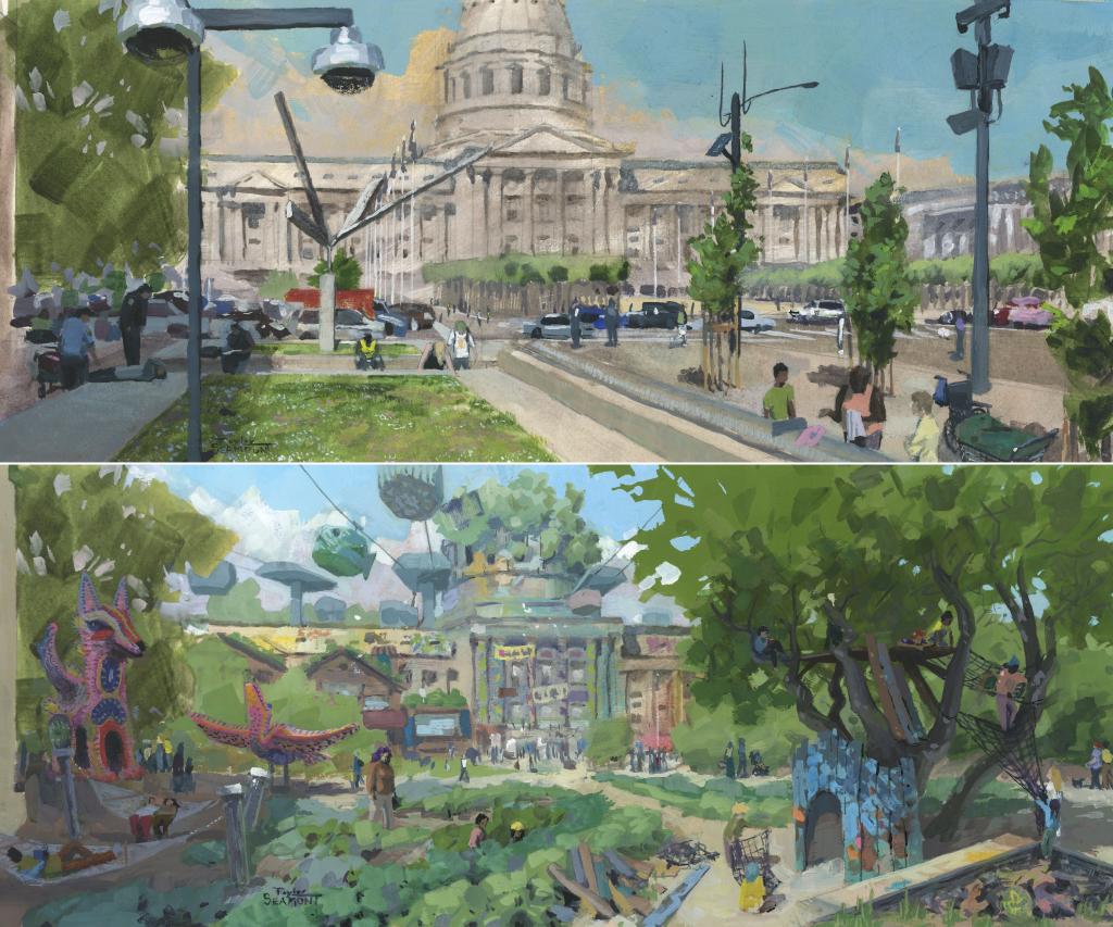 San Francisco Civic Center painted by Taylor Seamount — gouache scenes of the plaza and a fantastical reimagining with kites, treehouses, and gondolas.
